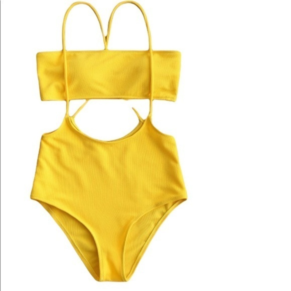 ZAFUL Swim sz S (4) yellow ribbed knit bikini bando top and high waist bottoms